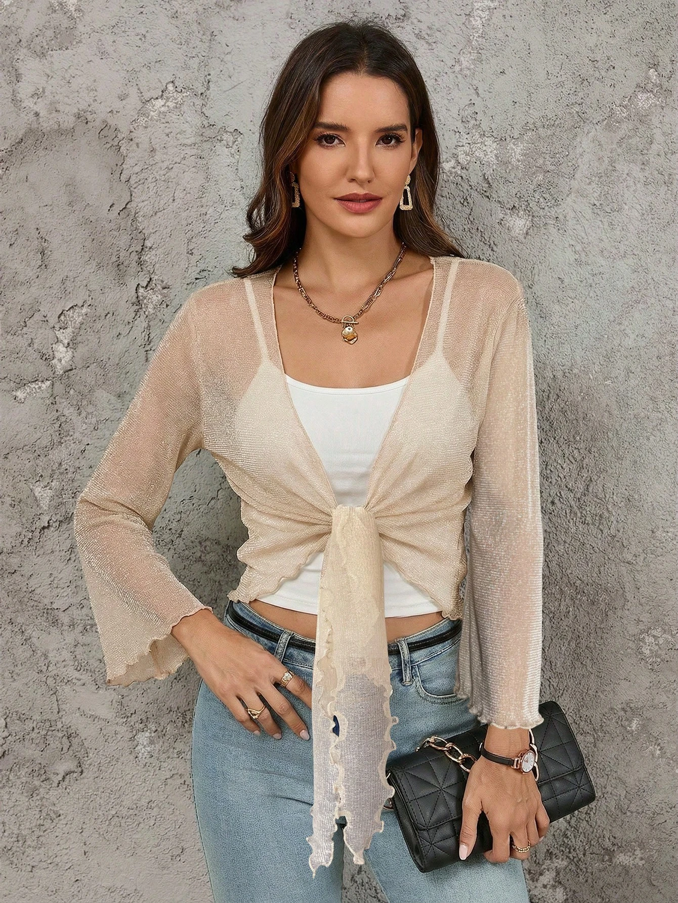 Blusa con mangas acampanadas escote con lazo y ribete - Albaricoque