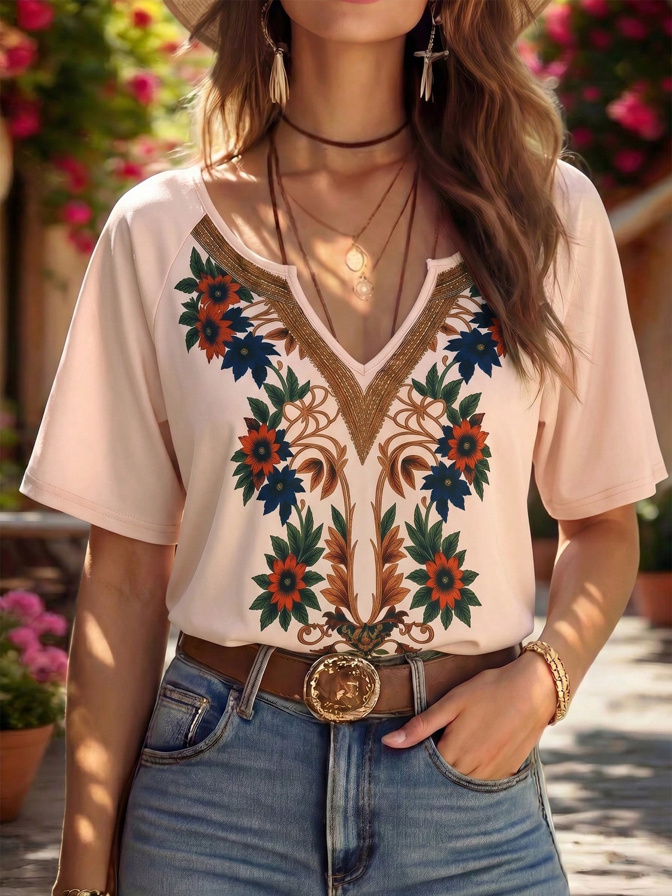Blusa de manga corta con cuello en V rosa vintage elegante casual - Rosa Pálido