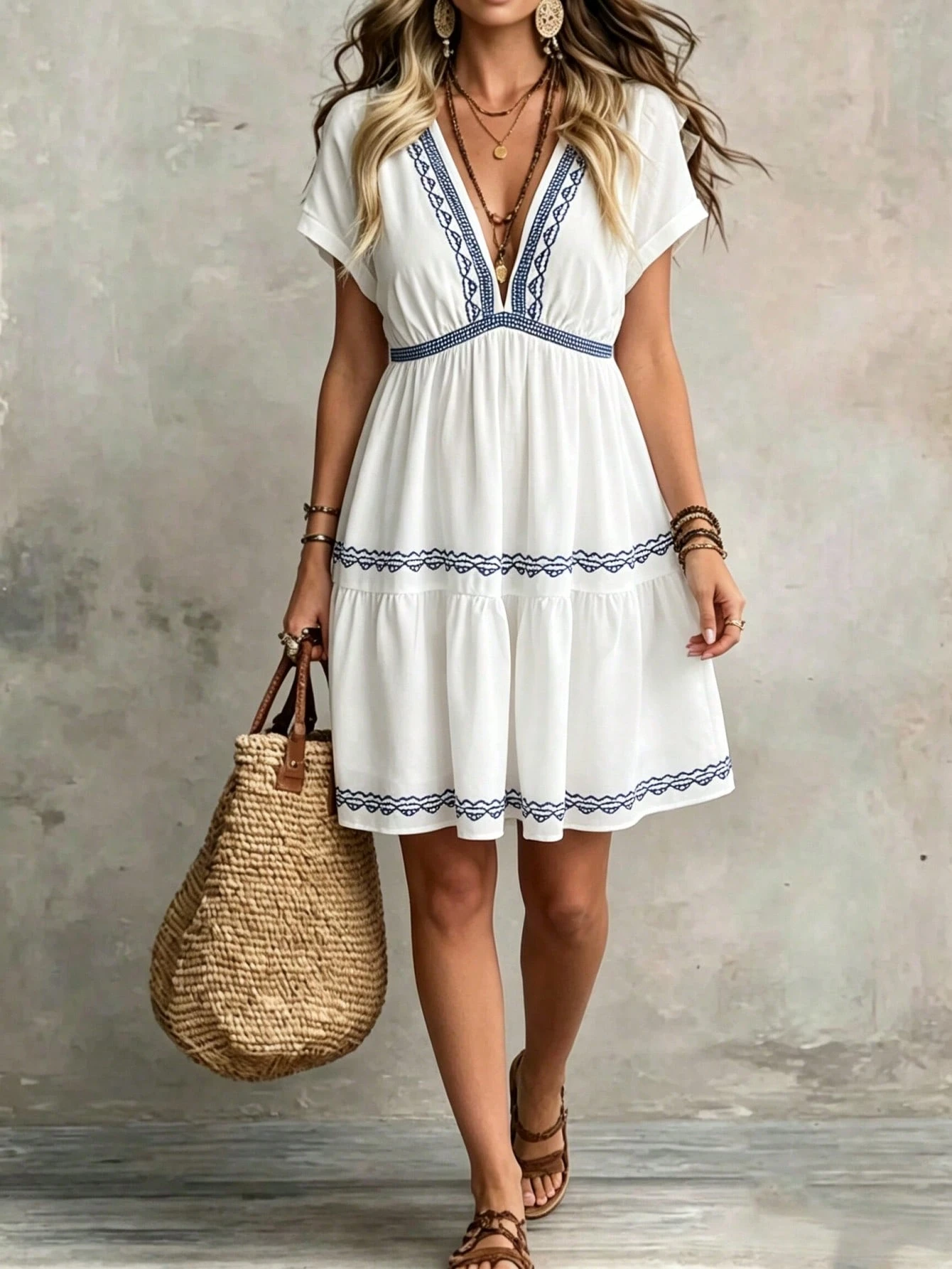 Vestido corto de manga corta de escote en pico, - Blanco