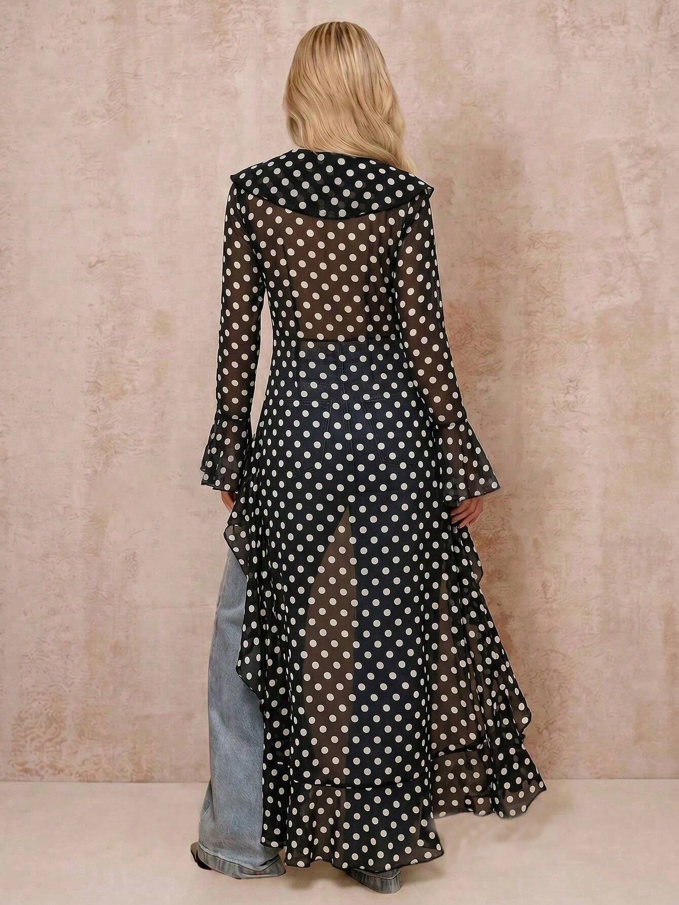 Chaqueta larga ligera y elegante de mujer con lunares negros y blancos