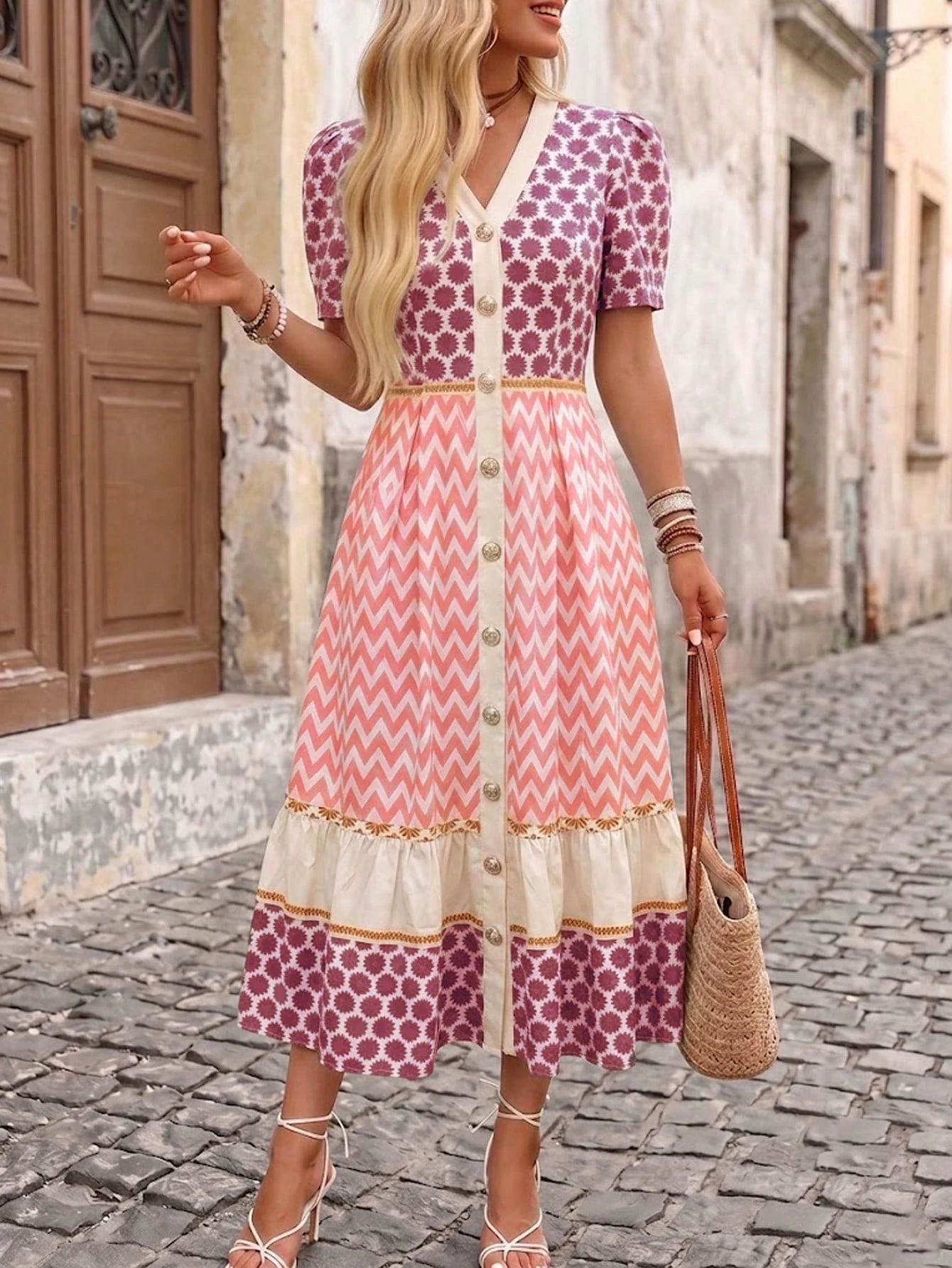 Vestido casual con estampado geométrico vintage - Morado