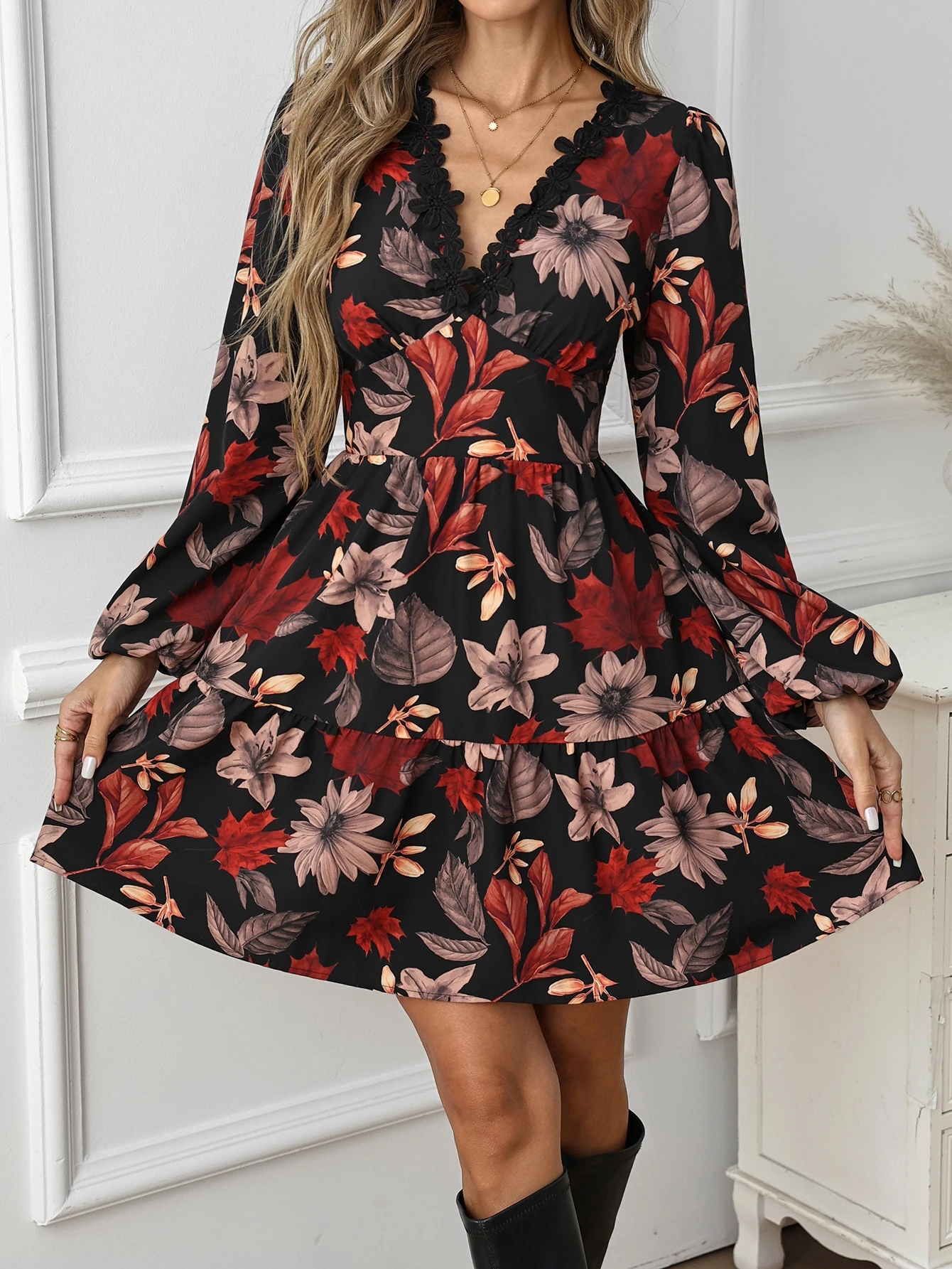 Vestido midi casual con estampado floral & hoja de arce - Negro