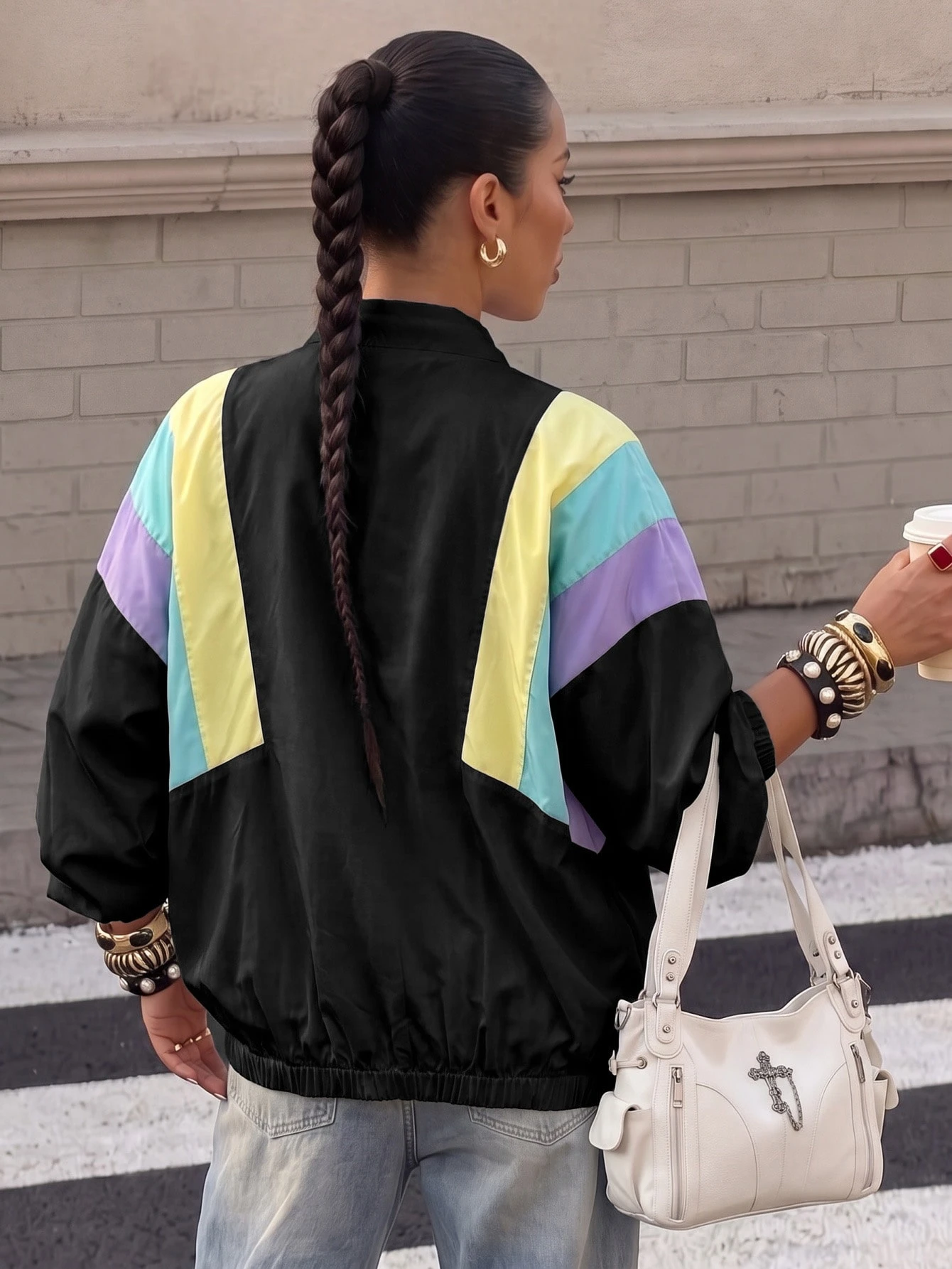 Chaqueta con cremallera y hombros caídos en bloques de color 2