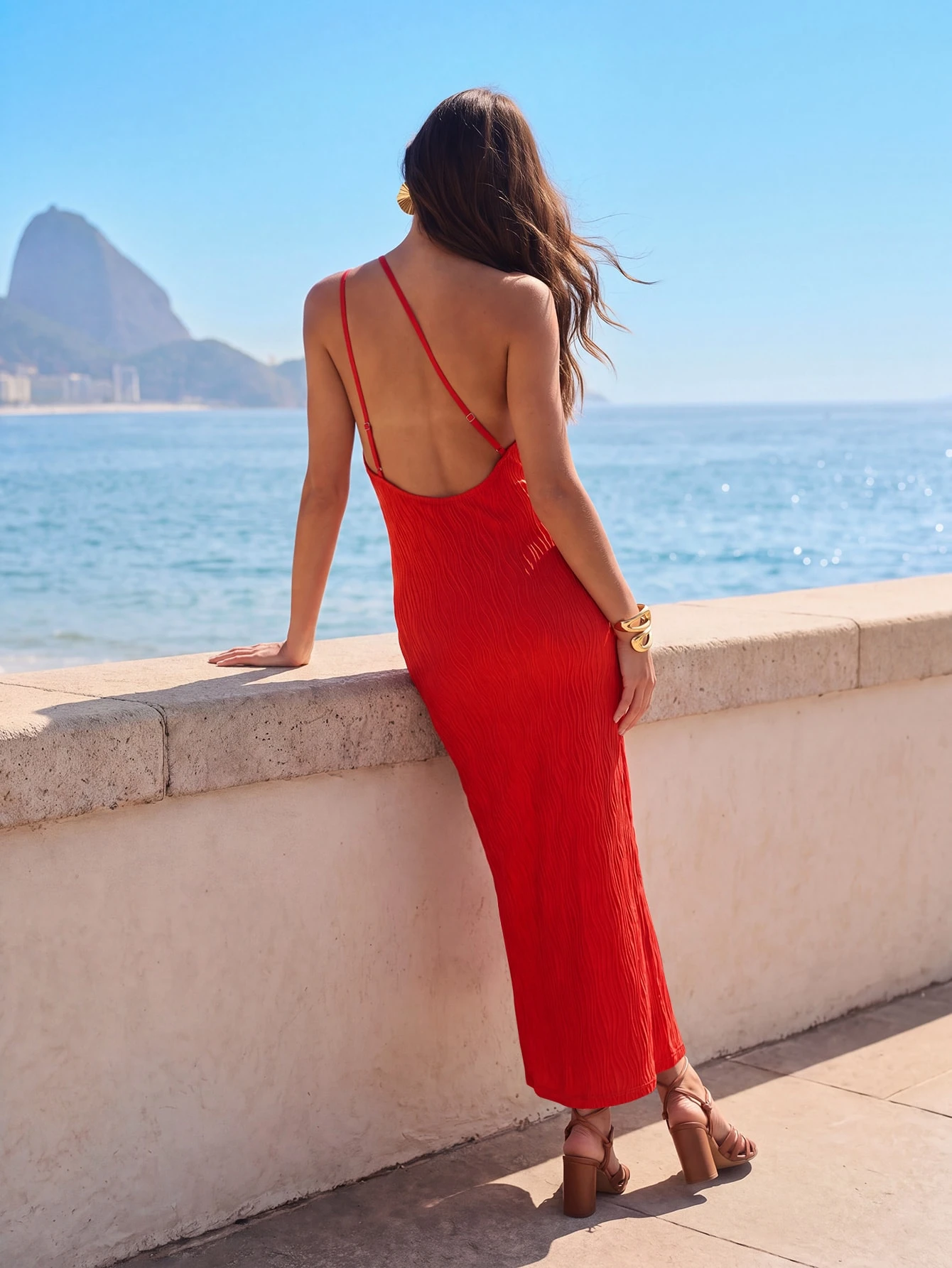 Vestido largo de un solo hombro de punto especial rojo