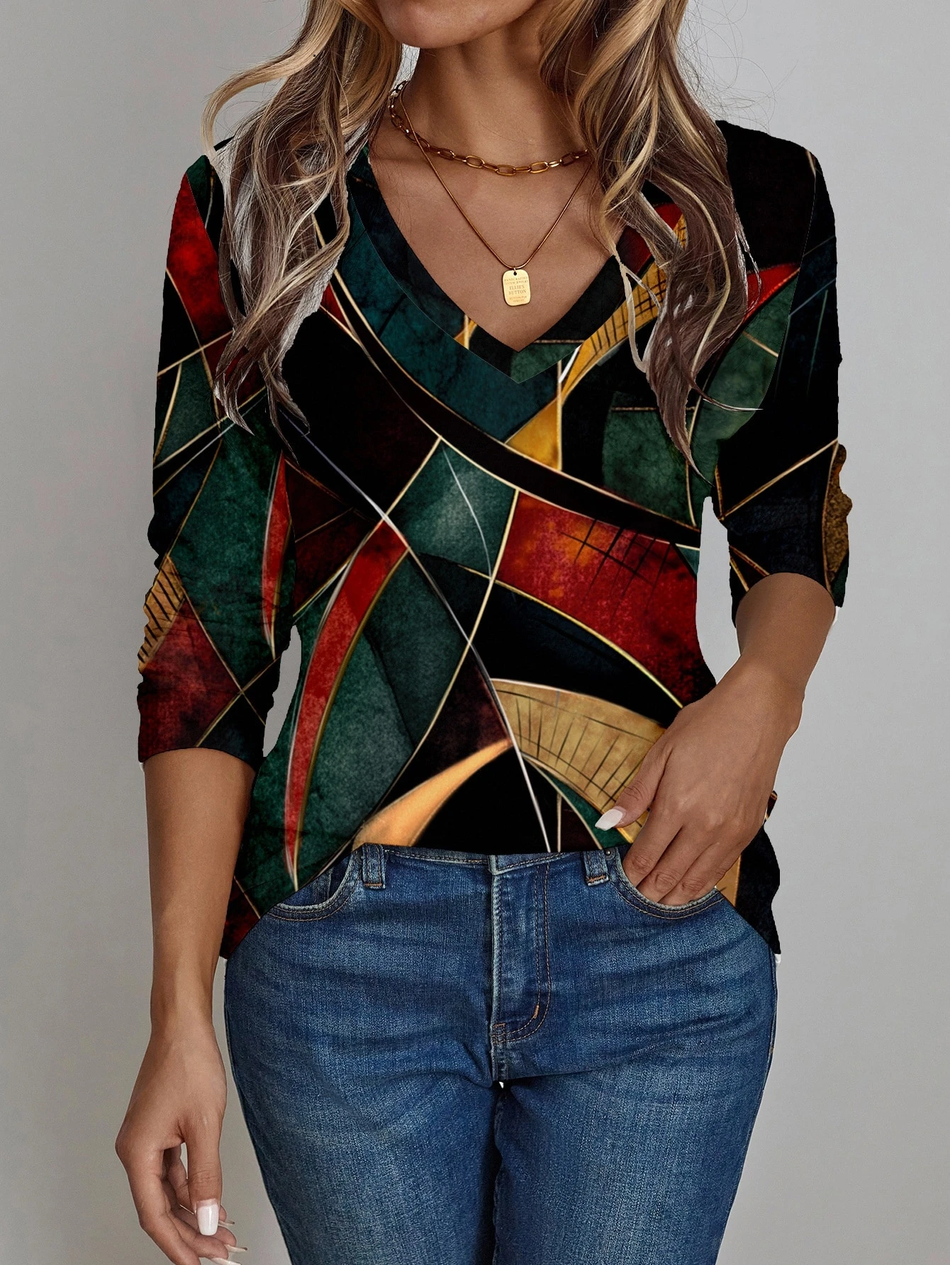 Camiseta de manga larga con cuello en V y estampado