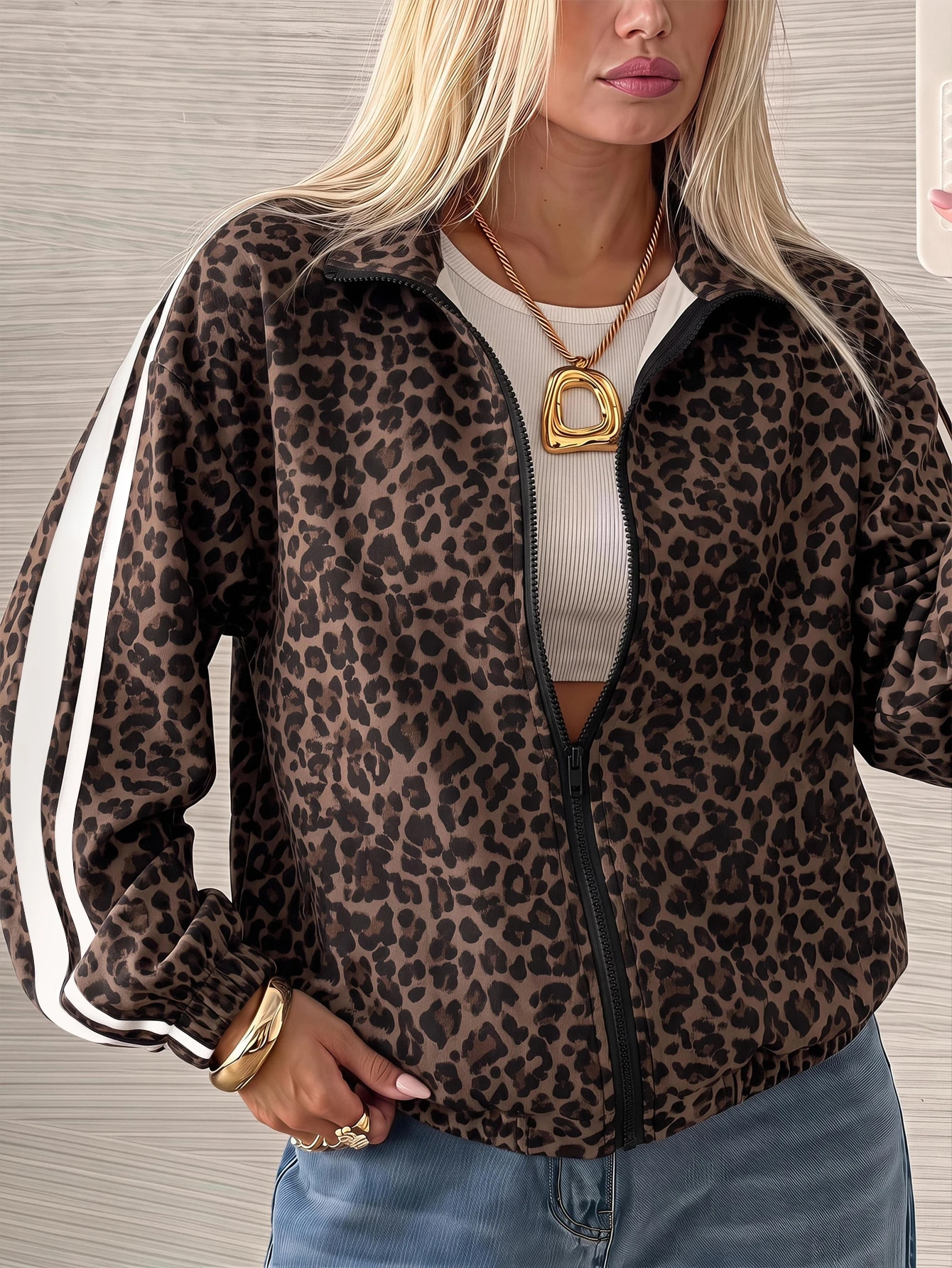 Chaqueta casual con estampado de leopardo retro